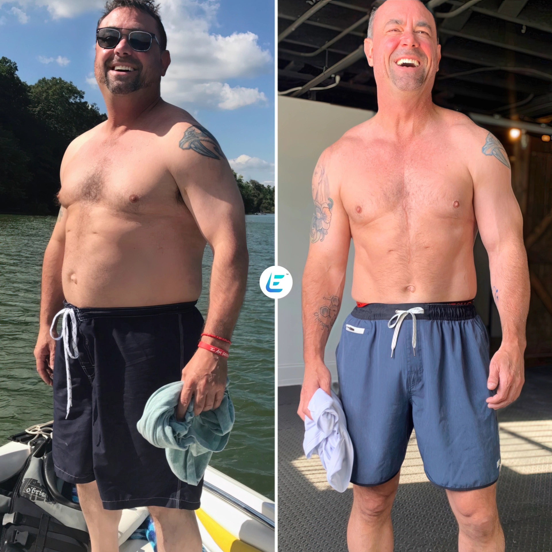 A before and after picture of a man in shorts.