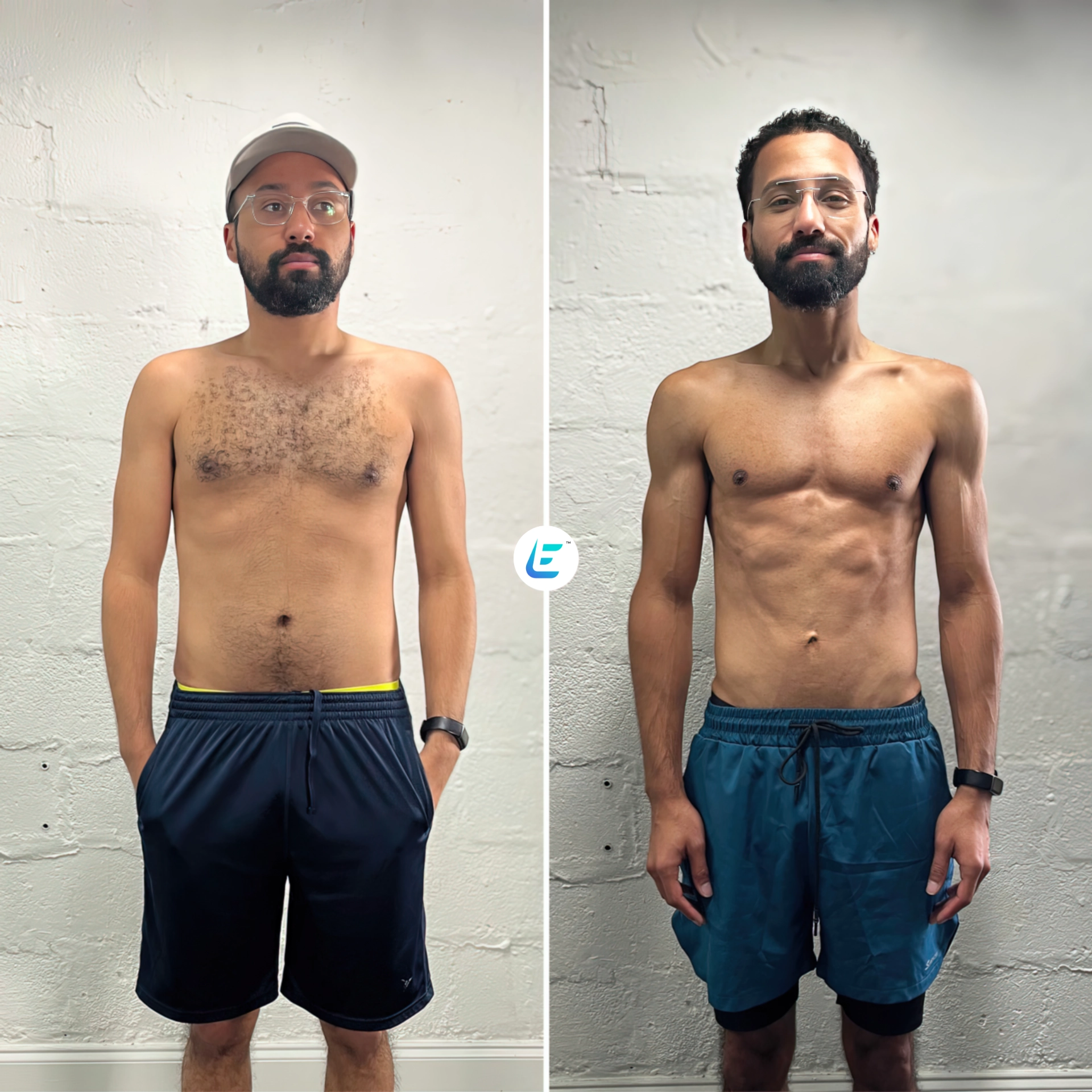 A man is standing in front of the wall and looking at his stomach.