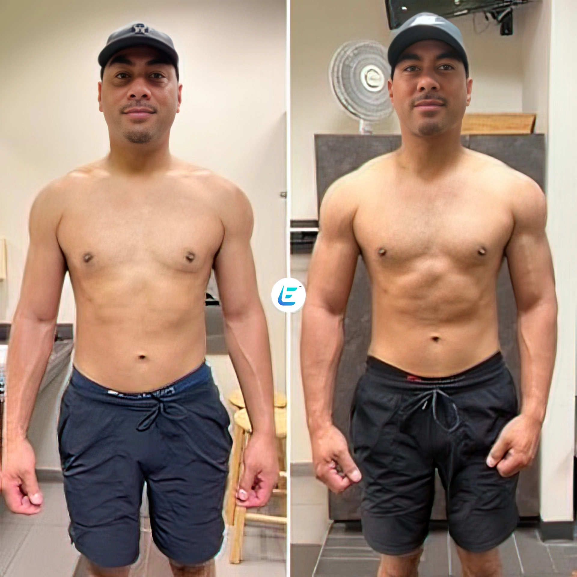 A man in shorts and cap is standing before and after his workout.